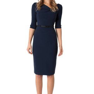 Size 10 Black Halo 3/4 Sleeve Jackie O Dress Classic Navy Blue Brown Belt